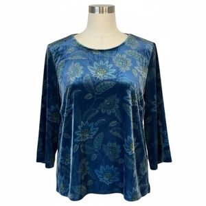 J Jill Women Blue Floral Velvet 3/4 Sleeve Keyhole Back Sz XSP